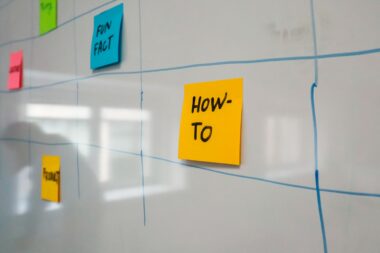 Colorful sticky notes on a whiteboard mapping the path from strategy to execution