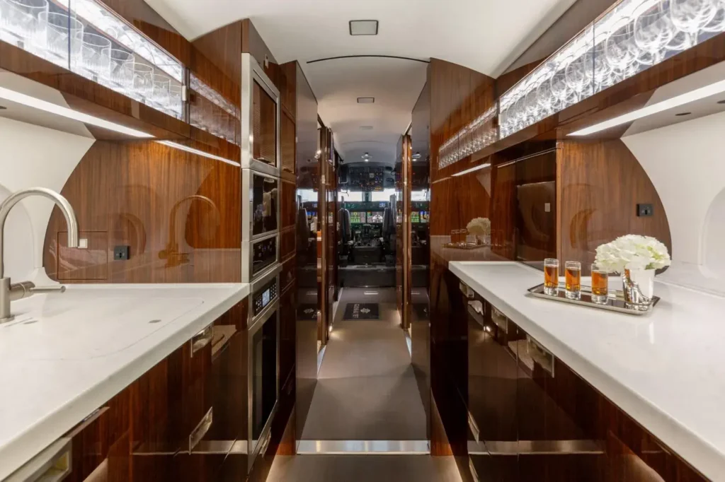 Gulfstream G650ER forward galley with premium cabinetry and onboard kitchen equipment